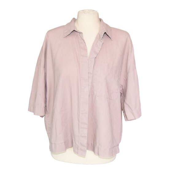 H&M Cropped Wide Sleeve Linen Cotton Blend Shirt Blouse Size Small Dusty Mauve - Picture 1 of 8